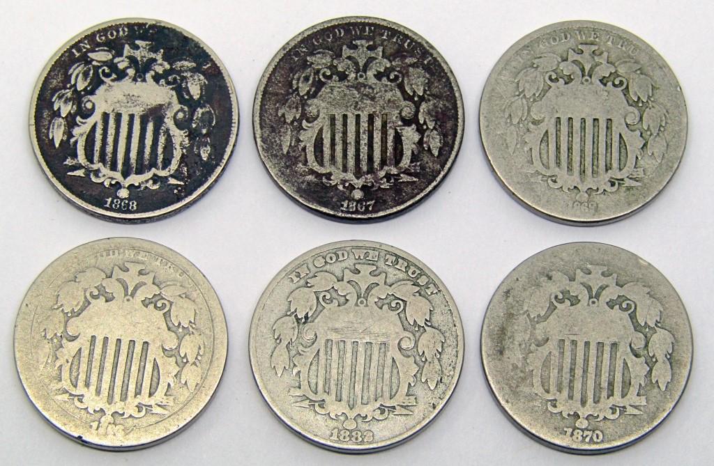 (6) U.S. SHIELD NICKELS - ALL DIFFERENT DATES (1 of 2)