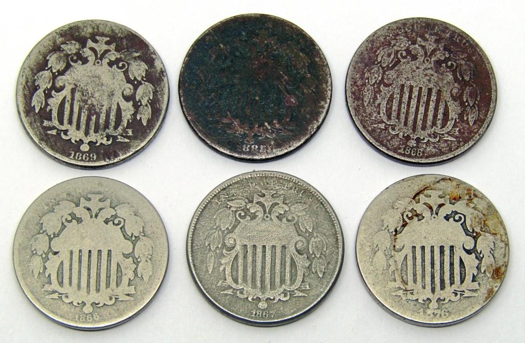 (6) U.S. SHIELD NICKELS - ALL DIFFERENT DATES (1 of 2)