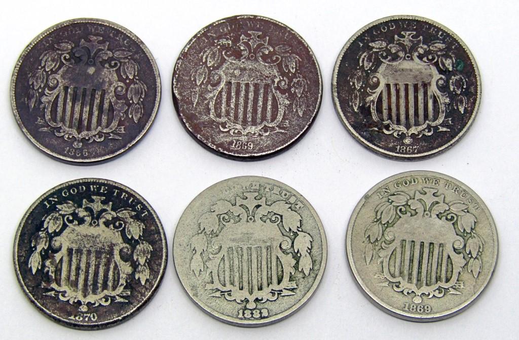(6) U.S. SHIELD NICKELS - ALL DIFFERENT DATES (1 of 2)