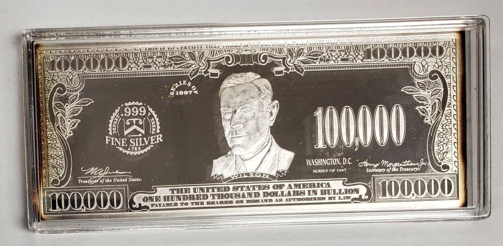 1997 Washington Mint $100,000 Bill Bar 4ozt .999 F: Silver W/COA