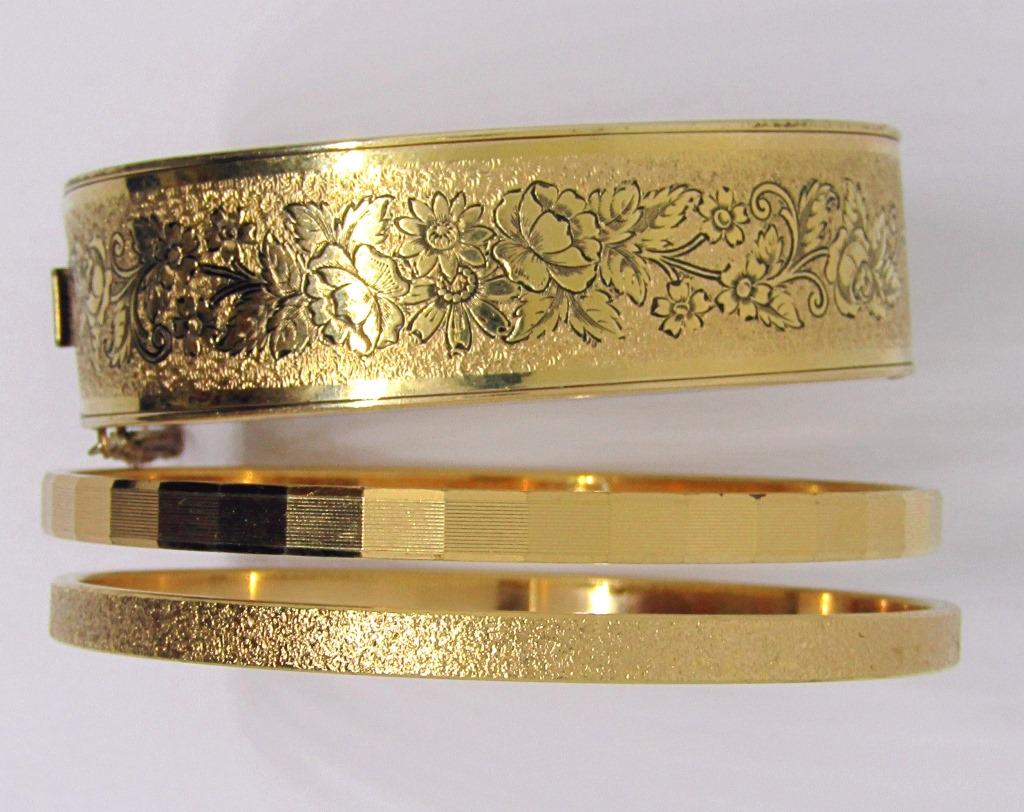 3-GOLD TONED BANGLES (2)2 MONET (1)HINGED: HAYWARD 1/20 12K GOLD FILLED