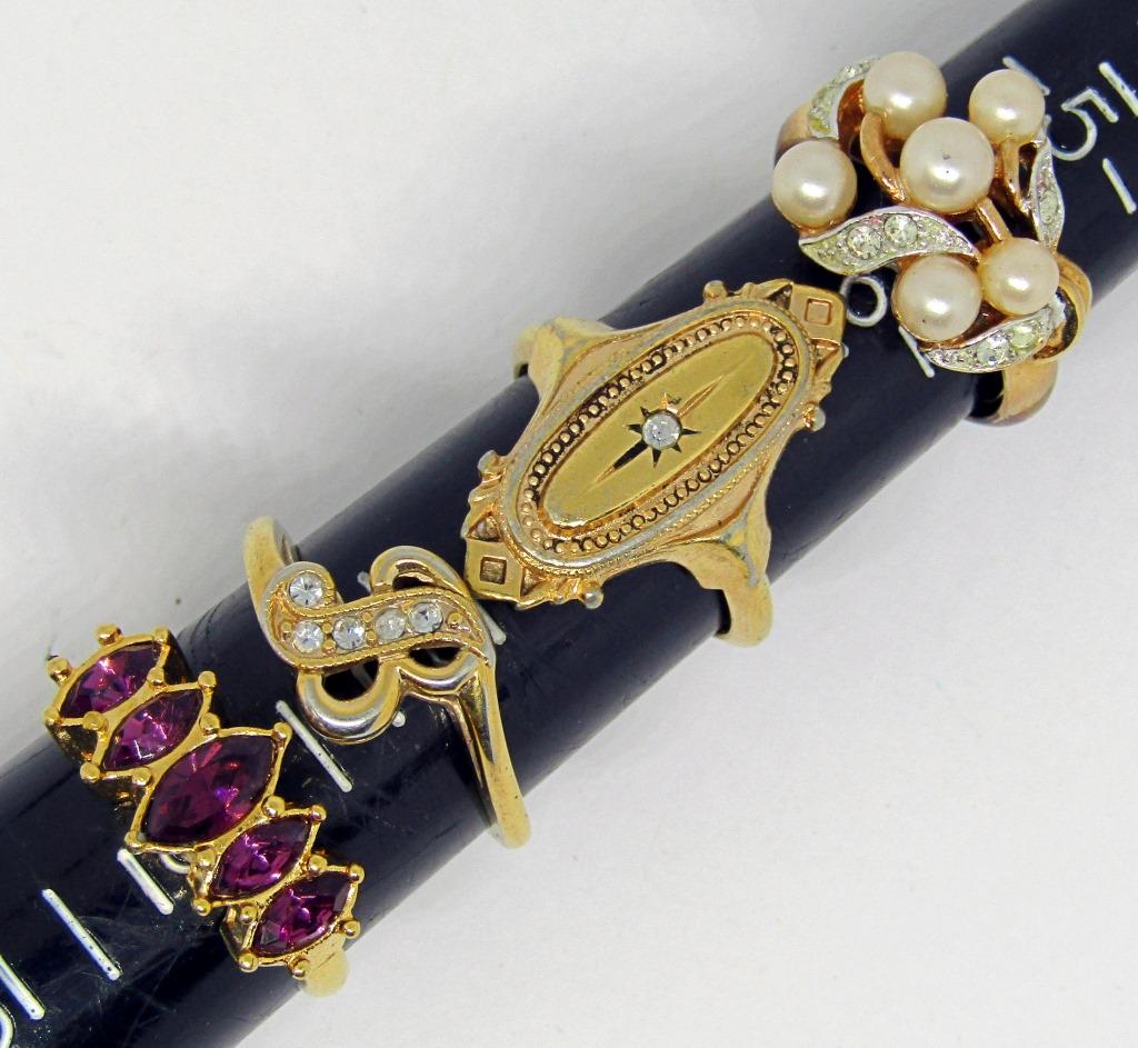 4-VINTAGE AVON GOLD TONE RINGS: "B"-RHINESTONES-FAUX PEARLS-VARIOUS SIZES