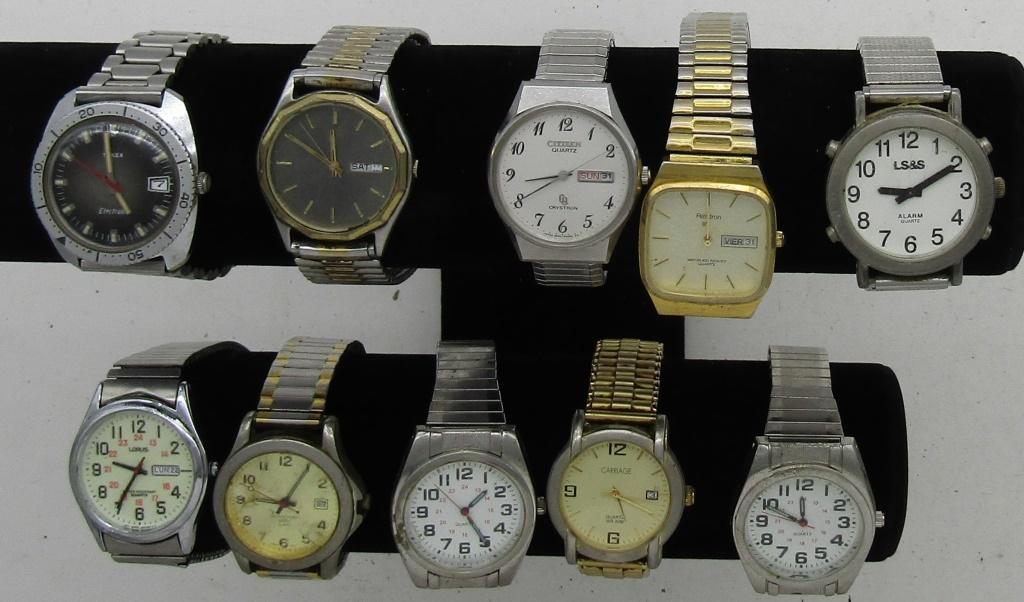10 MENS QUARTZ -WATCHES-LS&S-TIMEX-MISC: NOT TESTED AS TO WORKING OR NOT-SOME FOR PARTS OR REPAIRS-SOME MAY WORK--MOST WILL NEED BATTERY REPLACEMENT-LORUS-ARMITRON-CARRIAGE-ADVANCE-( 2)CITIZEN-LS&S-TIMEX-MISC