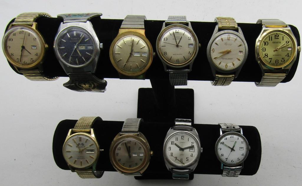 10 MENS MECHANICAL WATCHES-TIMEX-GENEVA-MISC: NOT TESTED AS TO WORKING OR NOT-SOME FOR PARTS OR REPAIRS-SOME MAY WORK:(6)TIMEX-GENEVA-TARNAN-LUCERNE-MISC