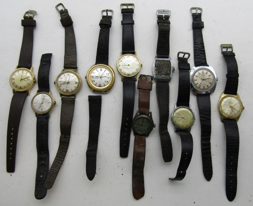 10 MENS MECHANICAL WATCHES-TIMEX-HANOWA-MISC: NOT TESTED AS TO WORKING OR NOT-SOME FOR PARTS OR REPAIRS-SOME MAY WORK:(4)TIMEX-HANOWA-BERILLIUM BALANCE-MISC