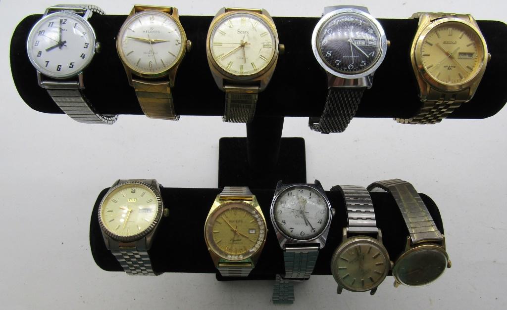 10 MENS MECHANICAL WATCHES-SEARS-SEIKO-MISC: NOT TESTED AS TO WORKING OR NOT-SOME FOR PARTS OR REPAIRS-SOME MAY WORK:HELBROS(4)TIMEX-SEARS-SEIKO-PORTENTO-BAR RINGTON-MISC