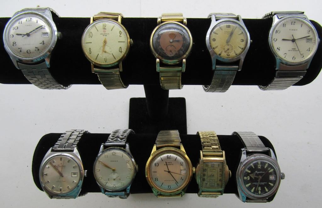 10 MENS MECHANICAL WATCHES-TIMEX-CROTON-MISC: NOT TESTED AS TO WORKING OR NOT-SOME FOR PARTS OR REPAIRS-SOME MAY WORK:CENTURY-HELBROS-WELSBRO-ORIOSA-MAJESTIME -TRADITION-(3)TIMEX-CROTON-MISC