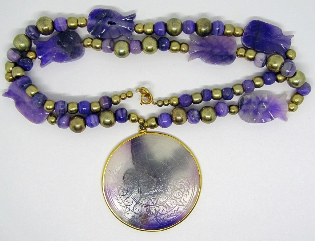 VINTAGE MAYAN CALENDAR NECKLACE WITH CARVED: PURPLE JADE