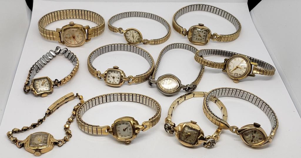 11-LADIES WRIST WATCHES: WALTHAM, BENRUS,: CARVELLE, HAMILTON, ELGIN, BULOVA - (6) 10k RGP - UNTESTED