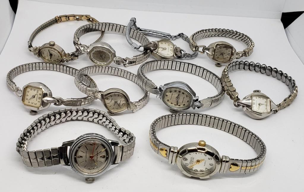 10-LADIES WRIST WATCHES: WITTNAUER, WALTHAM,: BULOVA, CARVELLE, BENRUS, ELGIN - (6) 10k RGP - UNTESTED