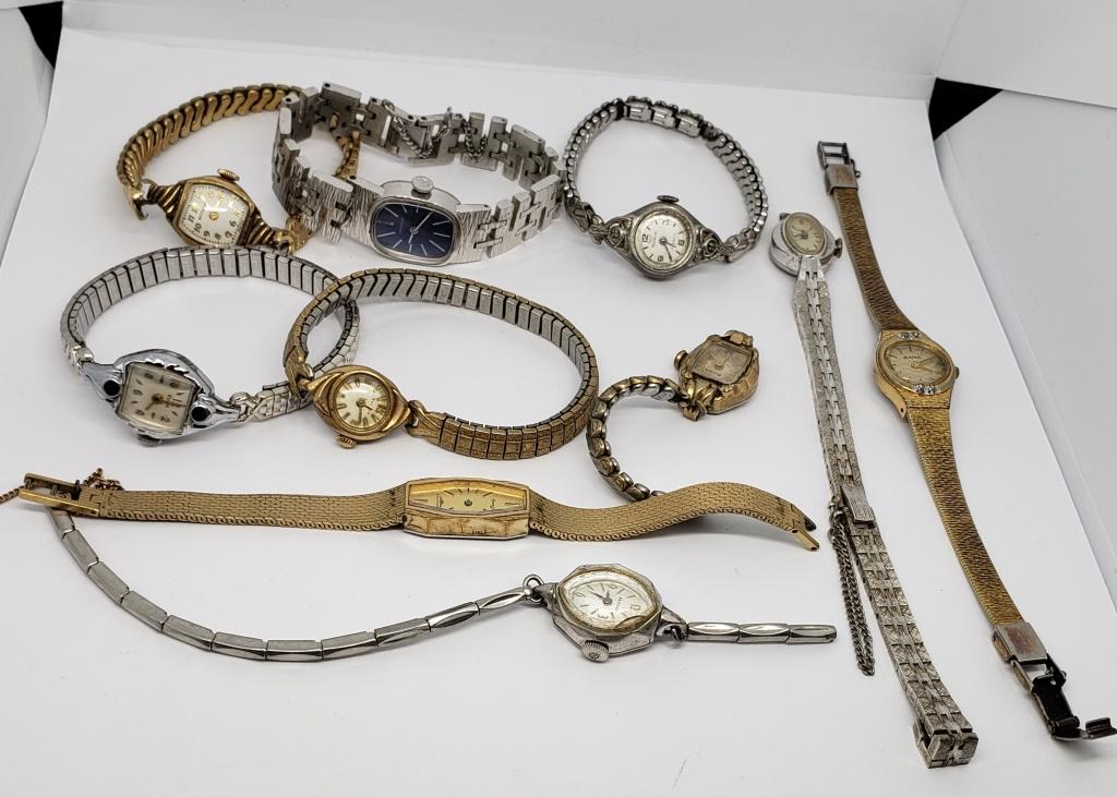 10-LADIES WRIST WATCHES: WITTNAUER, LONGINES,: WALTHAM, BENRUS, CARVELLE, BULOVA, ELGIN - (3) 10k RGP - UNTESTED