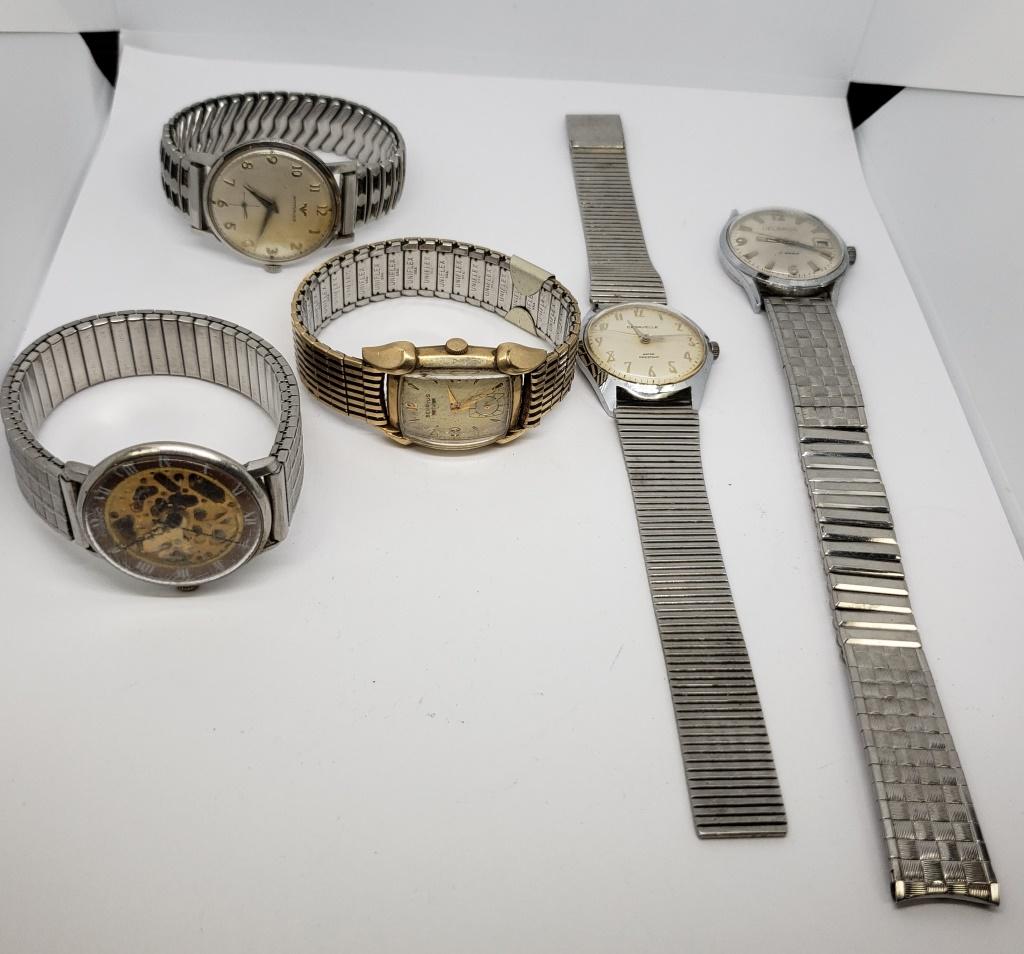 WITTNAUER, BENRUS, (2)CARVELLE, HELBROS: 5-MENS WRIST WATCHES - UNTESTED - (1) 10k GOLD FILLED