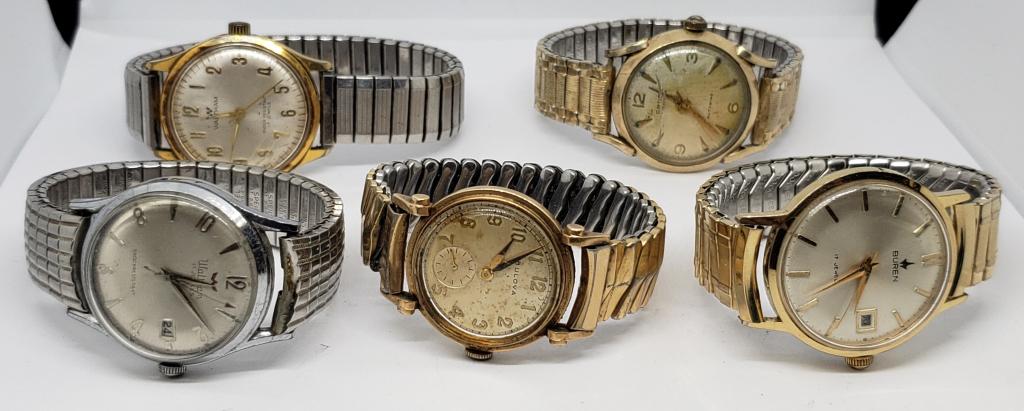 BUREN, (2) WALTHAM, BULOVA, GRUEN: 5-MENS WRIST WATCHES - UNTESTED (1) 10k GOLD FILLED