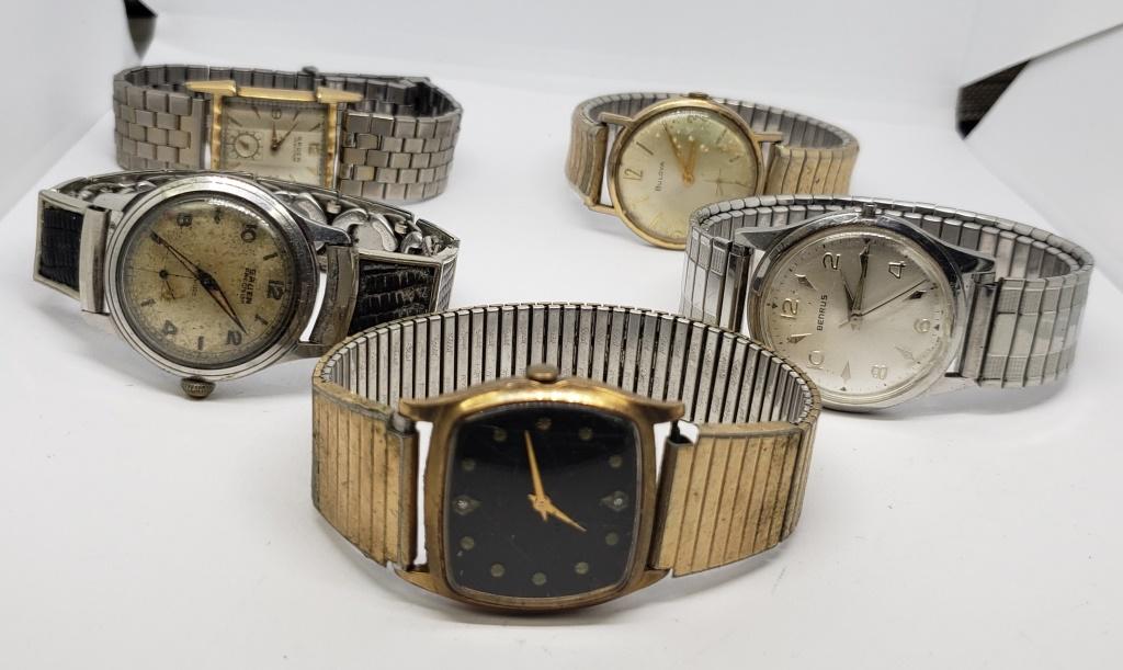 BENRUS, (2) GRUEN, BULOVA, WITTNAUER: 5-MENS WRIST WATCHES - UNTESTED