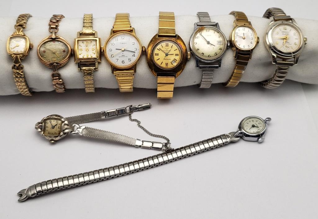 10-VINTAGE LADIES WATCHES: CRAWFORD: 1/20 10k; 2- BULOVA 10k RGP; 2 -WHITNAUER (1) 10KGF (1) WORKS; HARVESTER; 3-TIMEX (2) WORK, (1) BAND NEEDS REPAIRED - ALL CONSIDERED NON-WORKING UNLESS MENTIONED
