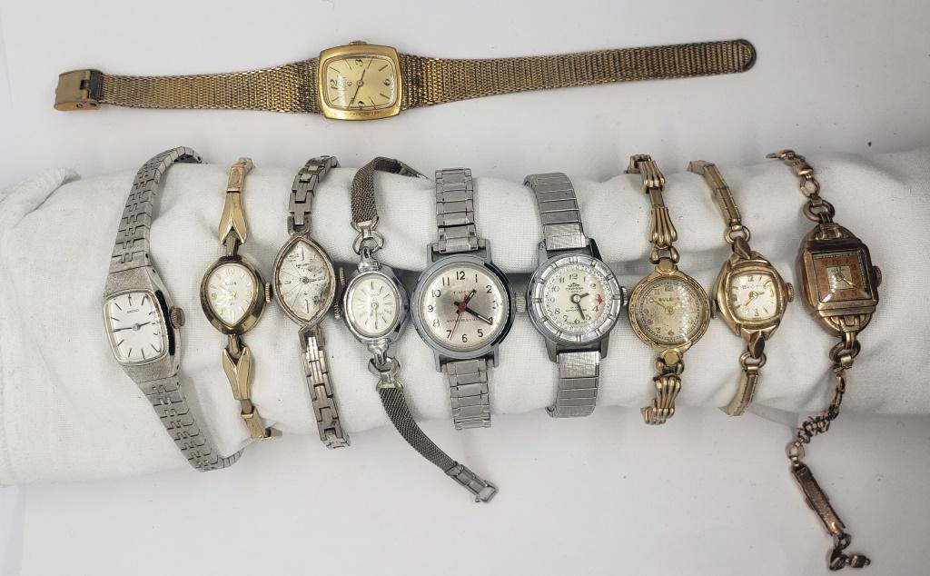 10-LADIES VINTAGE WRIST WATCHES: ELGIN 21j, WALTHAM,2- BULOVA, JOWISSA, ELGIN, TIMEX, SEIKO, GENEVA (BAND BROKE), SEIKIO (MISSING CRYSTAL) - ((NOT RUNNING UNLESS MENTIONED- NO MISSING PARTS UNLESS MENTIONED)