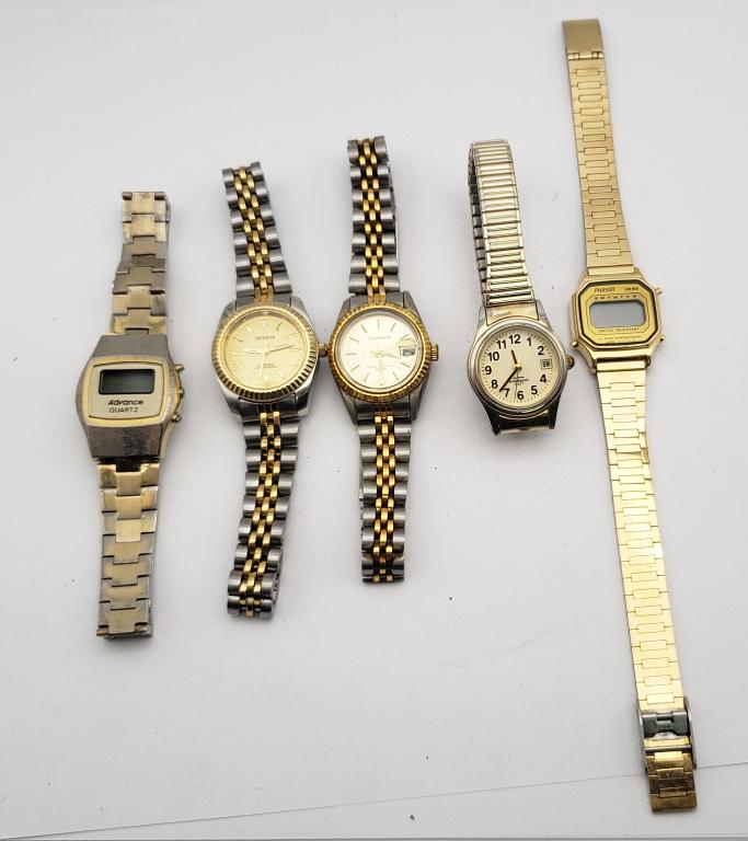 5-VINTAGE MEN'S WRISTWATCHES: PHASAN, GENEVA, ADVANCE, CADENCE. ALL WATCHES ARE UNTESTED