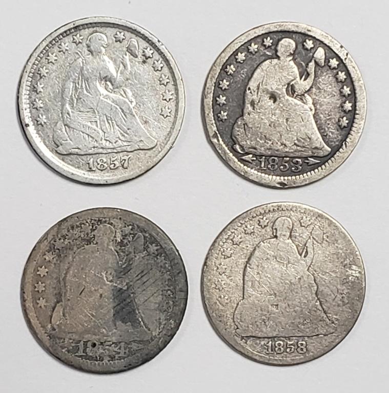 4 SEATED HALF DIMES - ALL DIFFERENT DATES (1 of 2)