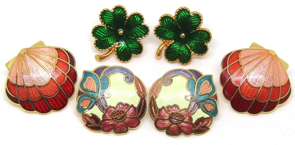 3 PAIRS OF VINTAGE EARRINGS!: 1 MARKED AVON! SEASHELL & 4 LEAF CLOVER & BUTTERFLY WITH FLOWERS!