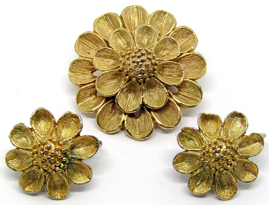 GOLD-TONED BROOCH AND EARRINGS;: MARKED DFA & EARRINGS ARE CLIP-ONS!