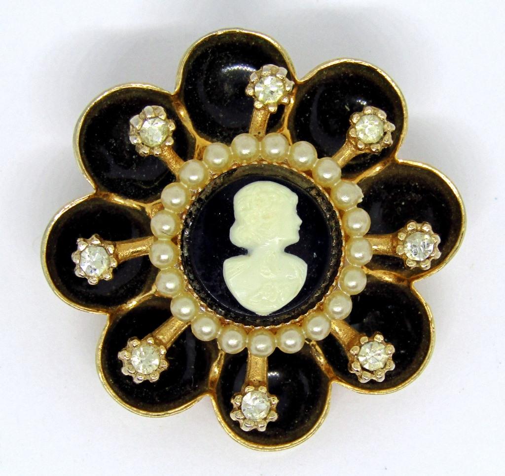VINTAGE CORO GOLD TONED CAMEO BROOCH: WITH BLACK ENAMEL-RHINESTONES-FAUX PEARLS