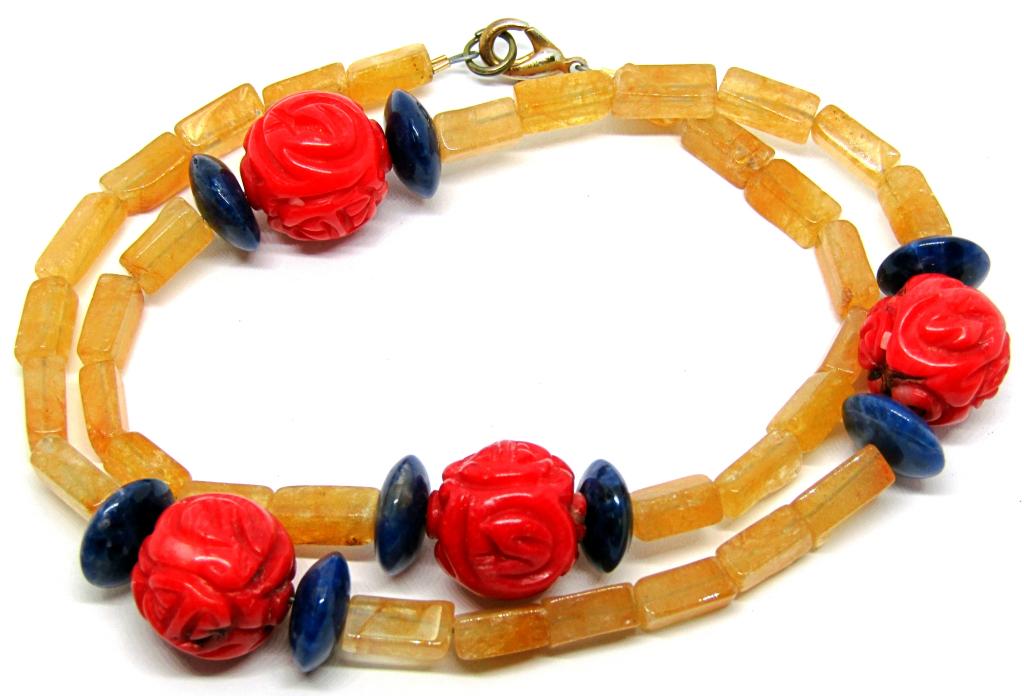 YELLOW JASPER SOUTHWESTERN NECKLACE WITH: CARVED CORAL AND BLUE LAPIS STONE ACCENTS
