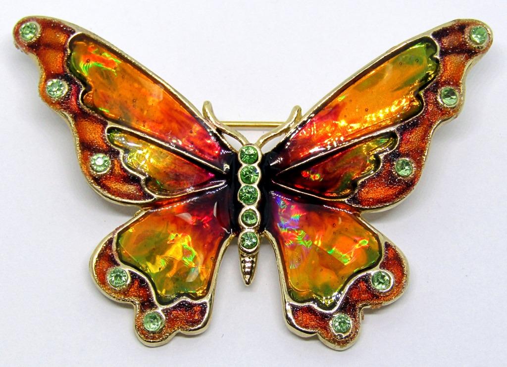 VINTAGE MONET GOLD TONED BUTTERFLY BROOCH: WITH ENAMEL AND LIME GREEN RHINESTONES
