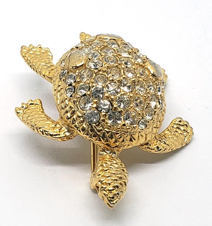 GIVENCHY PARIS/NEW YORK MARKED TURTLE PIN: GOLD-TONED JEWELLED/RHINESTONE BROOCH!