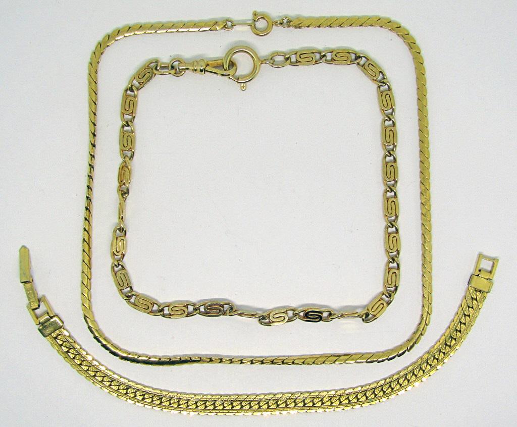 2 GOLD-TONED NECKLACES, 1 GOLD-TONED BRACELET: VINTAGE DESIGNS