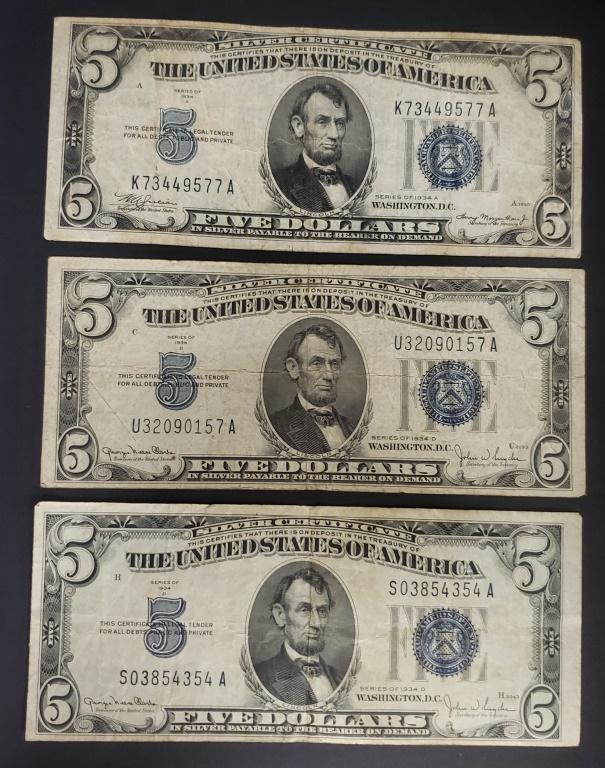 (3) 1934 $5 SILVER CERTIFICATES (1 of 2)