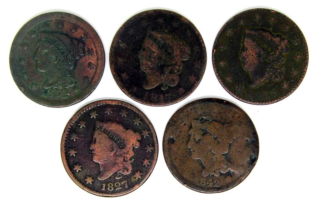 (5) U.S. LARGE CENTS: 1817, 1818, 1827 (1 of 2)