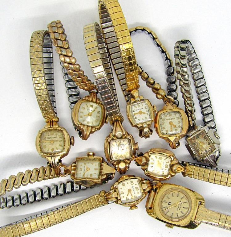 10-Ladies Self winding Wrist Watches-Bulova: Not tested as to working or not-most will need battery replacements-some for parts or repair-some may work-10-Ladies Self winding Wrist Watches-Bulova-Elastic Bands