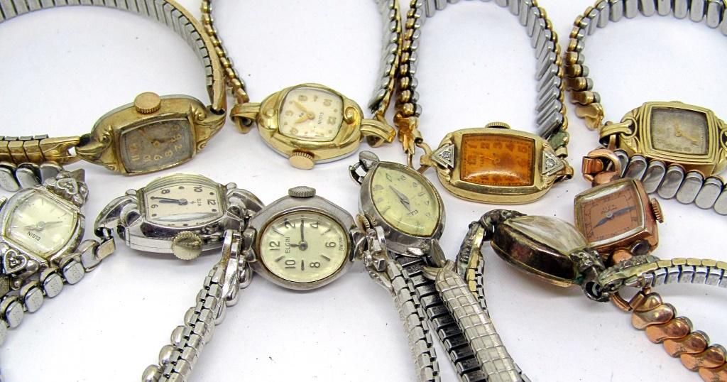 10-Ladies Self winding Wrist Watches-Elgin: Not tested as to working or not-most will need battery replacements-some for parts or repair-some may work-10 Elgin Ladies Wrist watches -Stretch Bands