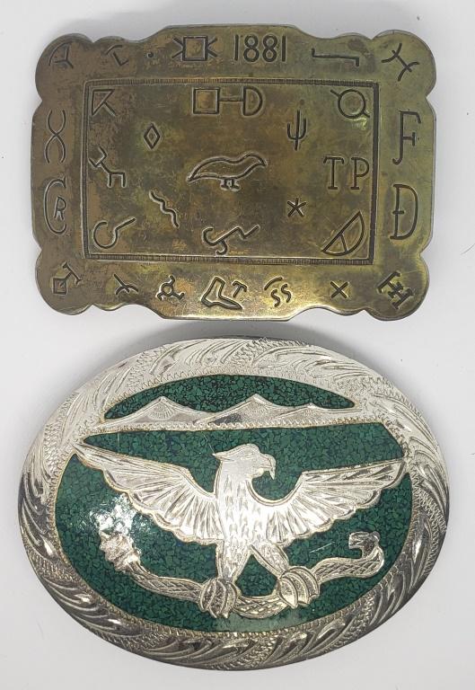 2 Mexico Themed Belt Buckles: The silver one is stamped Hencho En Mexico and is about 3.75". The other is 3.5"