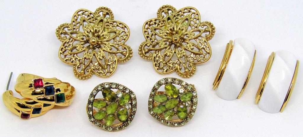 4 PAIRS OF VINTAGE GOLD-TONED EARRINGS!: 1 PAIR MARKED MONET, IS ALSO CLIP-ON!