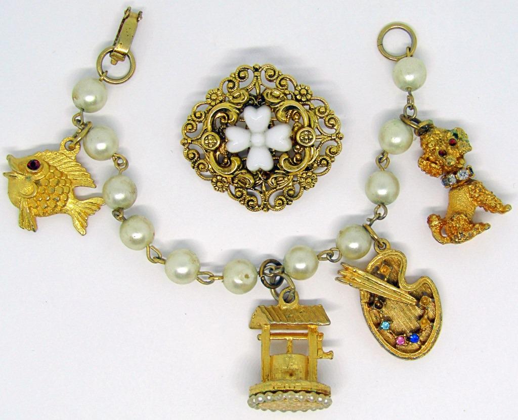 VINTAGE BRACELET AND BROOCH!: GOLD-TONED PAIR; BRACELET HAS CHARMS! BROOCH IS MARKED FREIRICH!