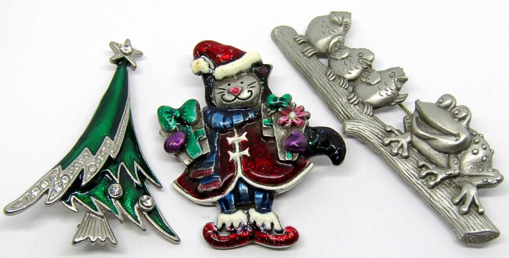 3 SILVER TONED HOLIDAY BROOCHES!: TREE, CAT WITH GIFTS, FROG & BIRDS ON BRANCH; MAKRED "JJ" & "AJMC"!