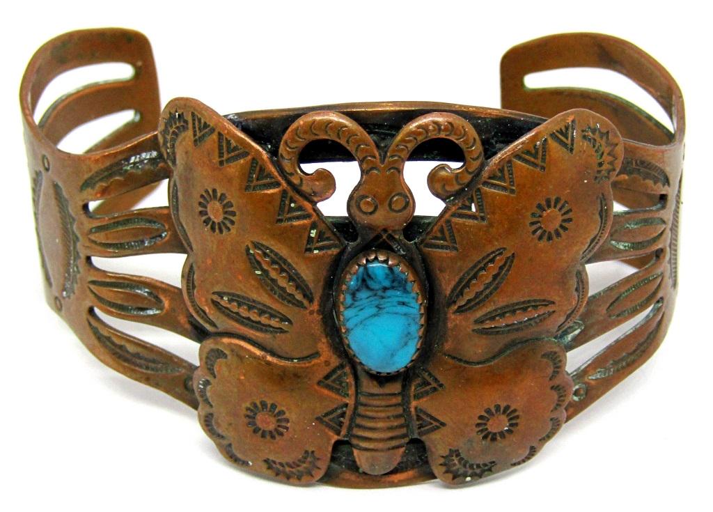 SOLID COPPER SOUTHWESTERN BRACELET/CUFF!: BUTTERFLY DESIGN WITH A BLUE BEADED CENTER!