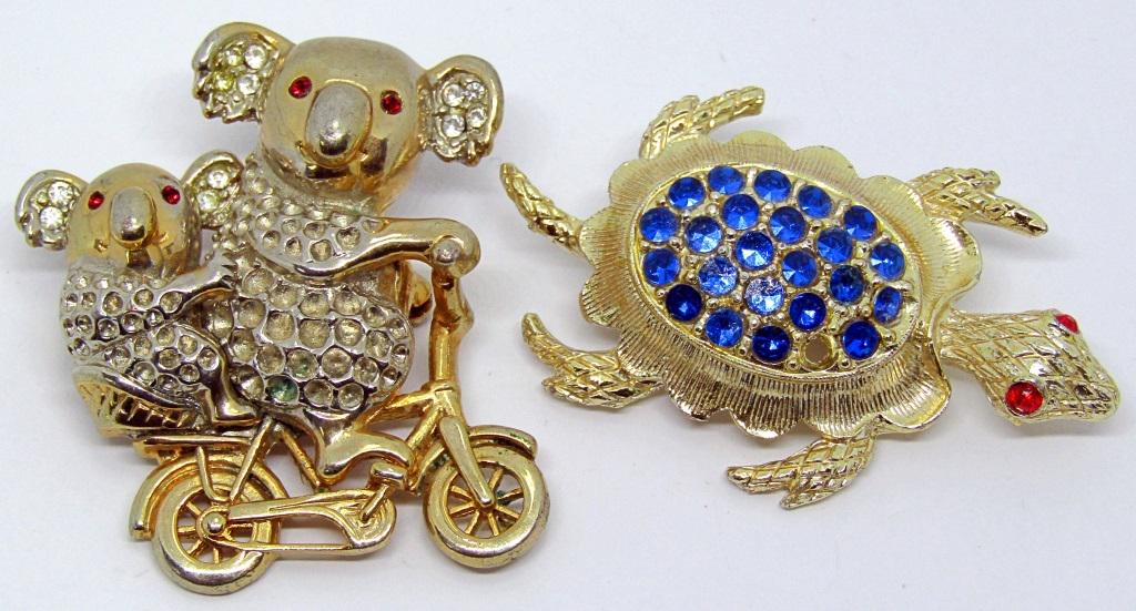 2 GOLDTONED VINTAGE BROOCHES!: TURTLE AND KOALA'S ON A BIKE!