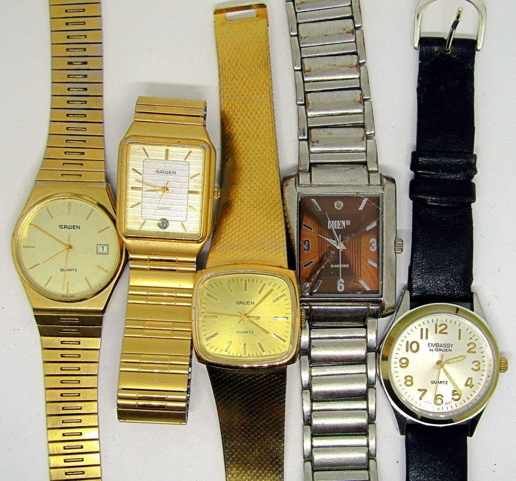 5-MEN'S GRUEN QUARTZ WRISTWATCHES: (1)DIAMOND (1)EMBASSY-ALL WATCHES UNTESTED