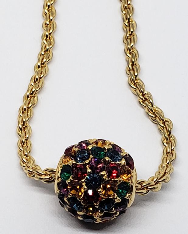 VINTAGE JOAN RIVERS CIRCULAR MULTI COLORED: RHINESTONE CHARM WITH LONG CHAIN