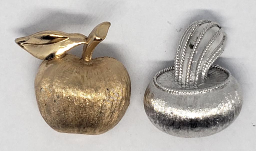 2-VINTAGE TRIFARI PINS: (1)APPLE (1)SOUP BOWL: REGISTER TO BID TODAY!