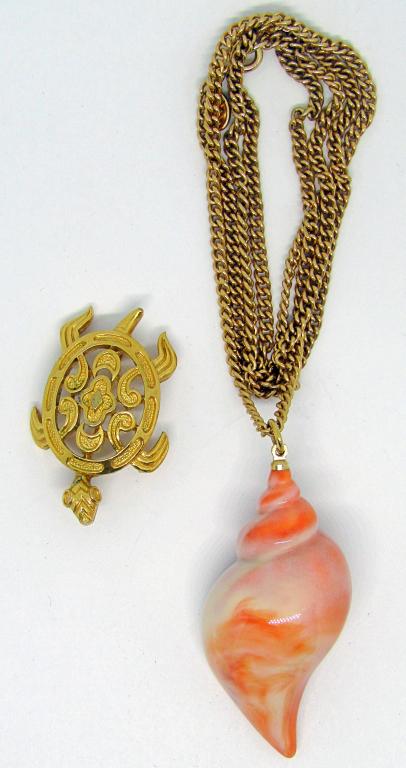 TRIFARI TURTLE PIN! AVON SHELL NECKLACE!: GOLD-TONED!