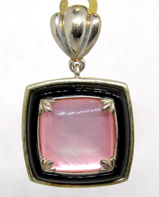 "WK" MARKED STERLING SQUARE PENDANT WITH: PINK SHELL CENTER-BLACK LUCITE BORDER-DIAMED SHAPED ENGRAVED EDGES-TOTAL 10.3 DWT