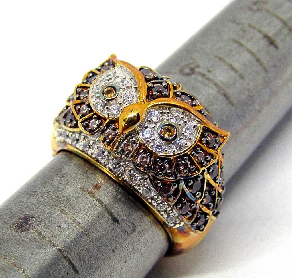 STERLING GOLD TONED OWL RING WITH BROWN AND (1 of 4)