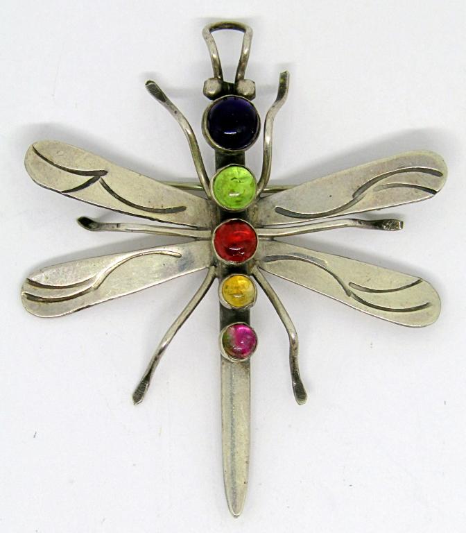 NAKAI STERLING DRAGONFLY BROOCH WITH: MULTI COLORED STONE ACCENTS-TOTAL 4.9 DWT