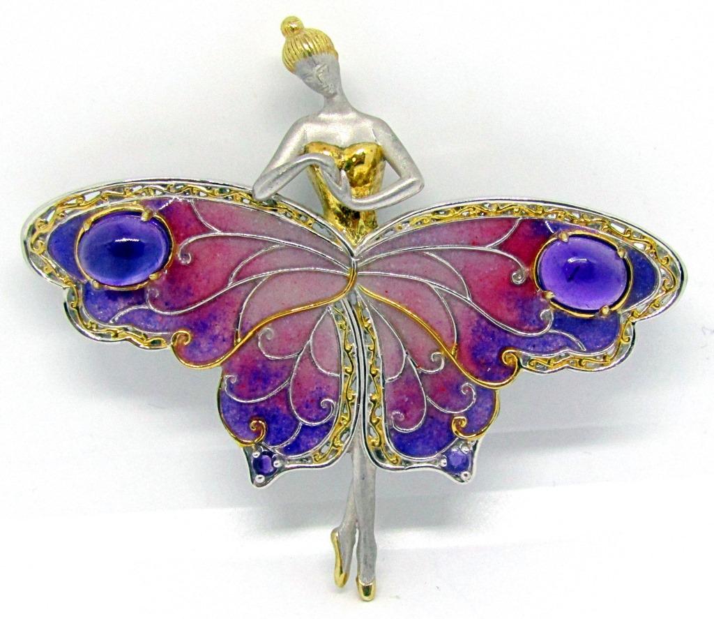 STERLING BALLERINA BUTTERFLY BROOCH: WITH ENAMEL AND VIOLET LUCITE ACCENTS-TOTAL 13.6 DWT