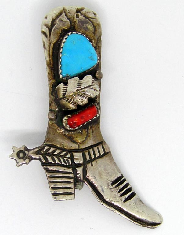 NAVAJO STERLING COWBOY BOOT BROOCH WITH: RED CORAL AND TURQUOISE STONES-TOTAL 7.4 DWT