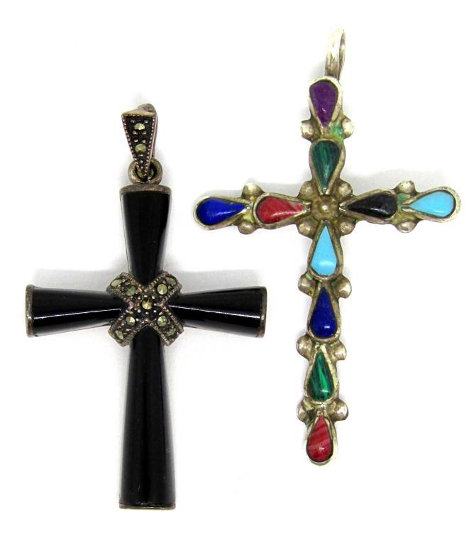 2-STERLING CROSS PENDANTS: (1)MALICHITE, LAPIS,: TURQUISE & MORE STONES (1)THAILAND WITH MARCASITE AND BLACK STONES-TOTAL 7.3 DWT