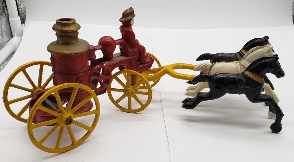 Cast Iron Toy Fireman 3 Horse Drawn (1 of 9)